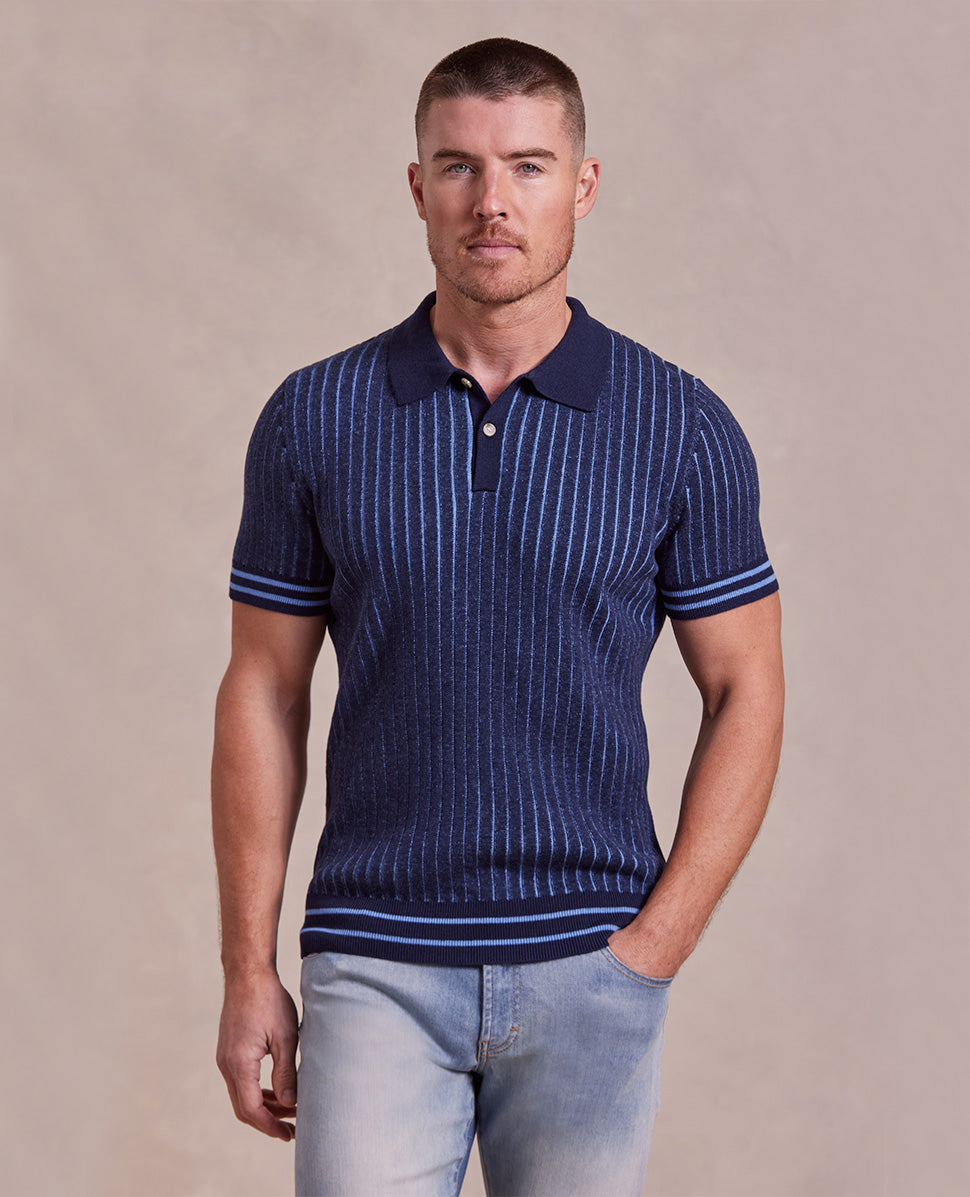 The Tristan - Cashmere Cable Knit SS Polo - Navy/Blue Heather